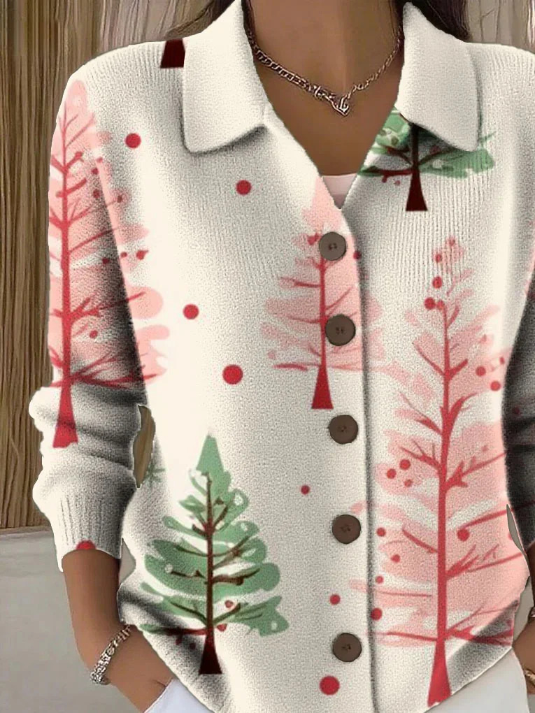 Women Christmas Printing Long Sleeve Shawl Collar Vintage Spring/Fall Cardigan Outerwear