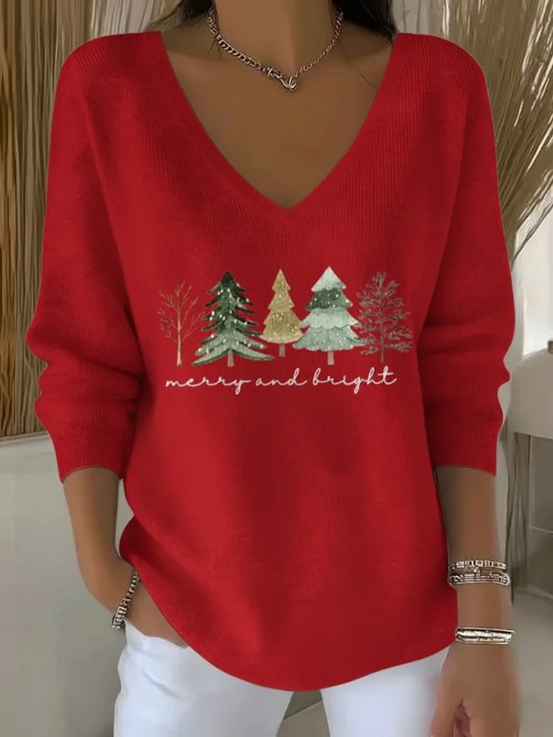 Women Christmas Long Sleeve Tee T-shirt V Neck Printing Casual Spring/Fall Top
