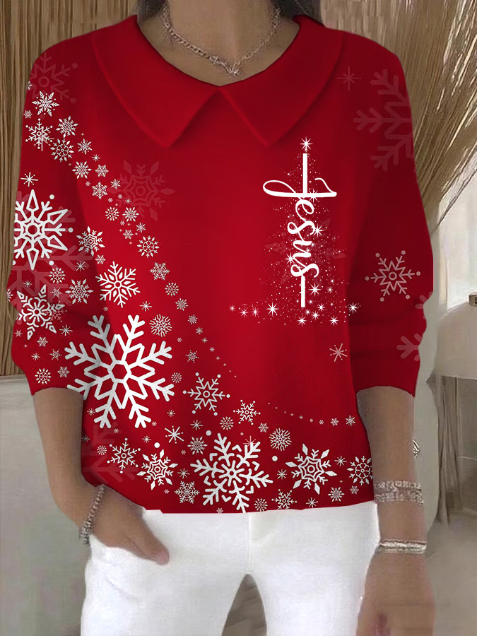Women Christmas Printing Spring/Fall Casual Long Sleeve Shawl Collar Sweater