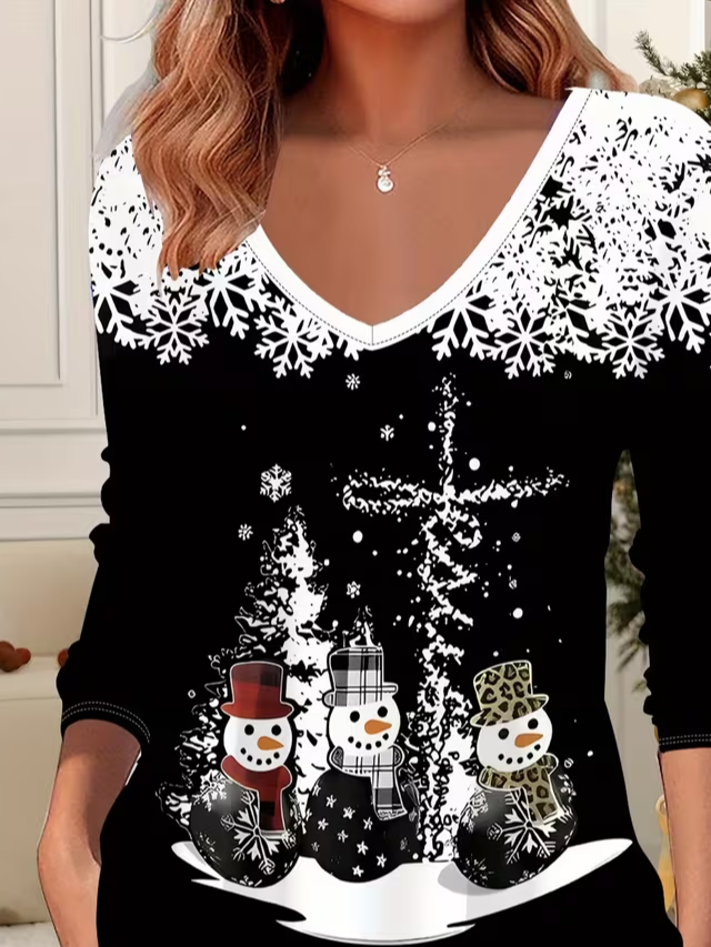 Women Christmas Snowman Long Sleeve Tee T-shirt V Neck Printing Casual Spring/Fall Graphic Tee Top