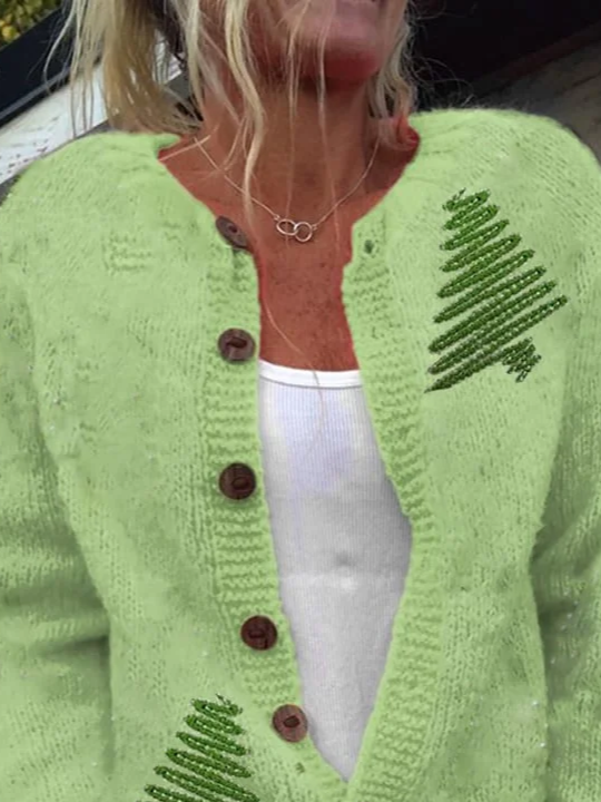 Women Christmas Printing Long Sleeve Crew Neck Vintage Spring/Fall Cardigan Outerwear