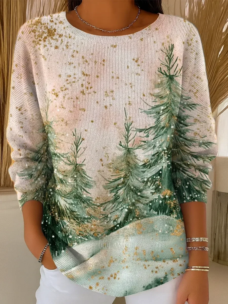 Women Christmas Printing Spring/Fall Casual Long Sleeve Crew Neck Sweater