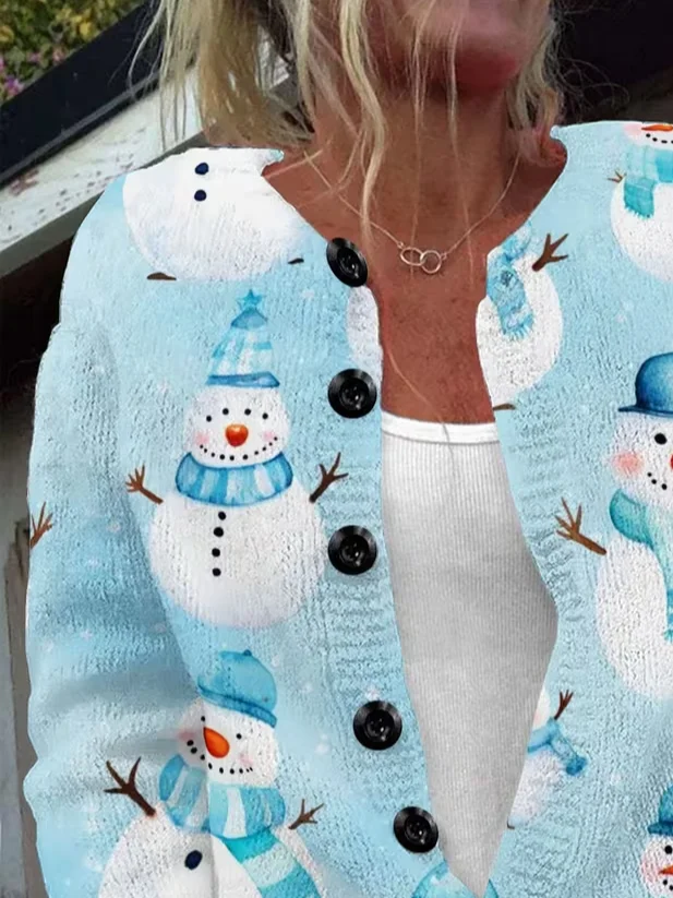 Women Christmas Snowman Printing Long Sleeve Crew Neck Vintage Spring/Fall Cardigan Outerwear