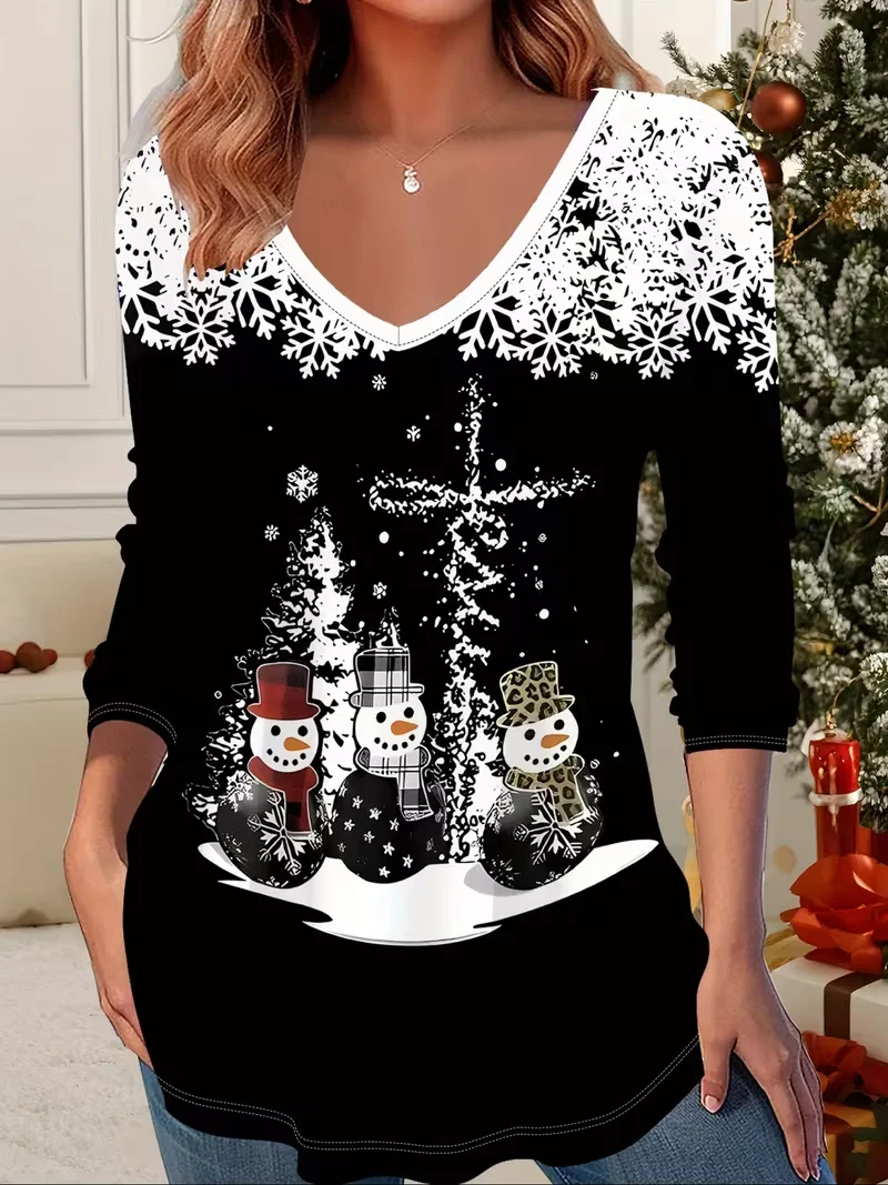 Women Christmas Snowman Long Sleeve Tee T-shirt V Neck Printing Casual Spring/Fall Graphic Tee Top