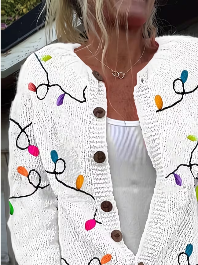 Women Christmas Printing Long Sleeve Crew Neck Vintage Spring/Fall Cardigan Outerwear