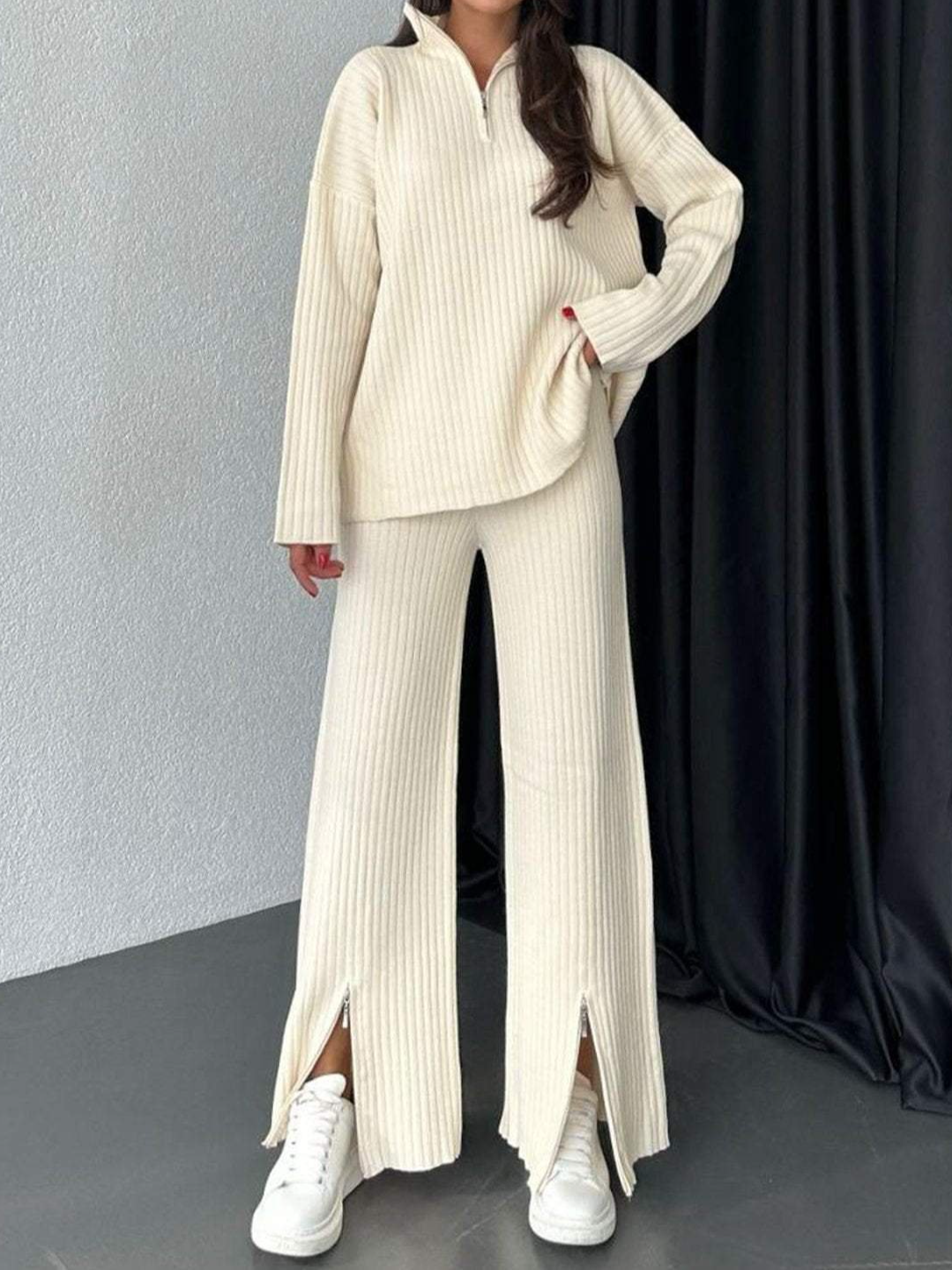 Women Plain Split Joint Two-Piece Set Daily Long Sleeve Casual Spring/Fall Top With Pants Matching Set