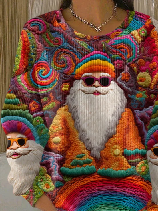 Women Santa Claus Crew Neck Printing Casual Spring/Fall Long Sleeve Sweatshirt