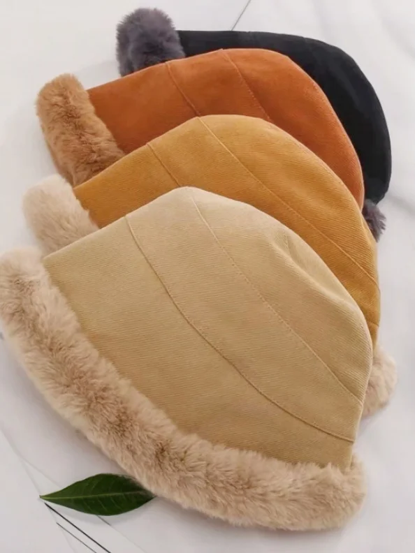 Thickened Fleece-lined Warm Fisherman's Hat For Autumn And Winter Lamb Fleece-lined Bucket Hat, Winter Fleece-lined Rolled Brim Hat