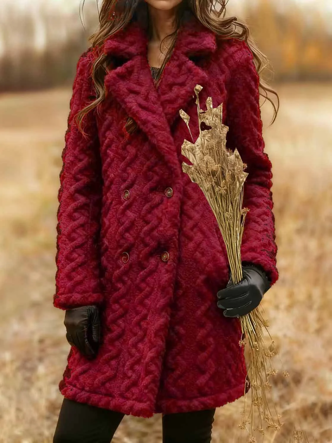 Women's Plain Winter Outerwear Casual Jacquard Mid-long Shawl Collar Overcoat