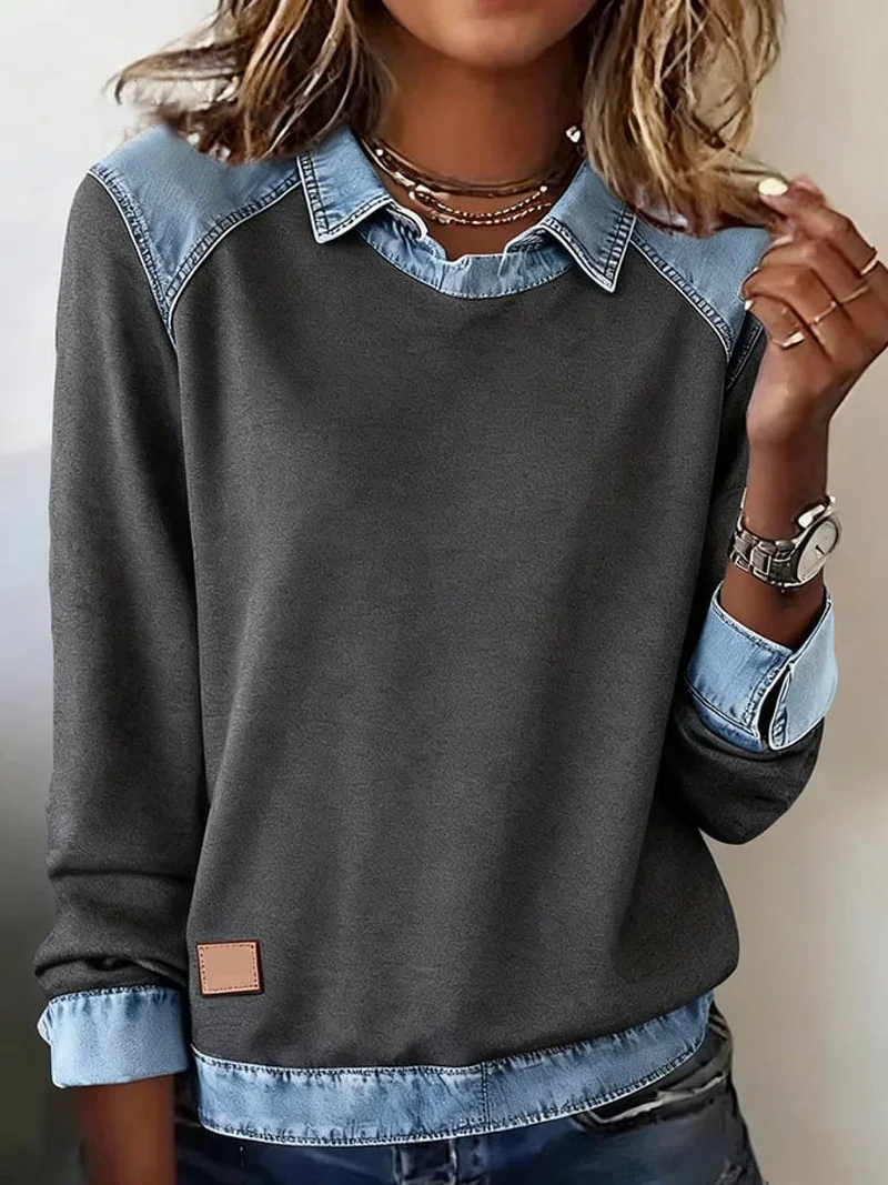 Women Plain Shawl Collar Vintage Spring/Fall Long Sleeve Sweatshirt