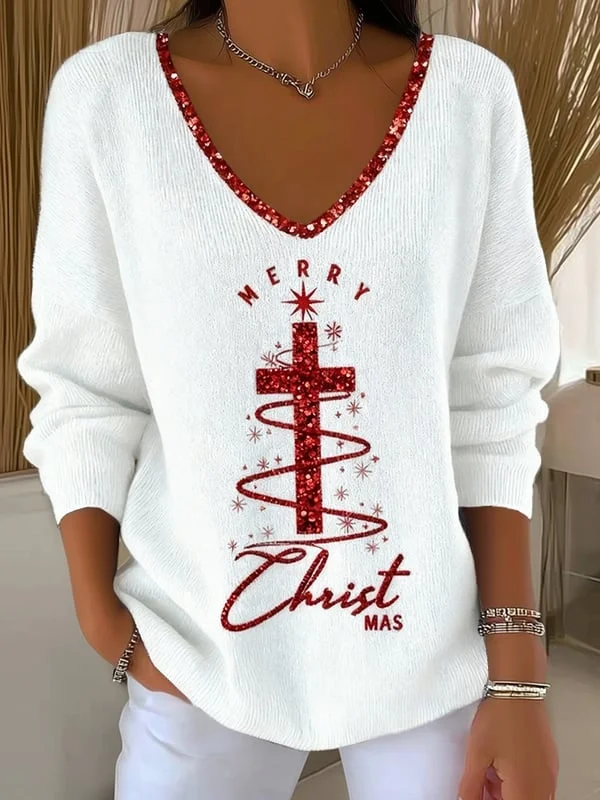 Women Christmas Long Sleeve Tee T-shirt V Neck Printing Casual Spring/Fall Top