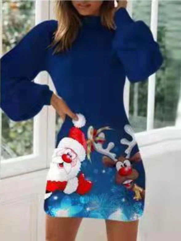 Women Christmas Snowman Long Sleeve Spring/Fall Printing Dress Crew Neck Balloon Sleeve Daily Casual Midi Hip Skirt A-Line Dress