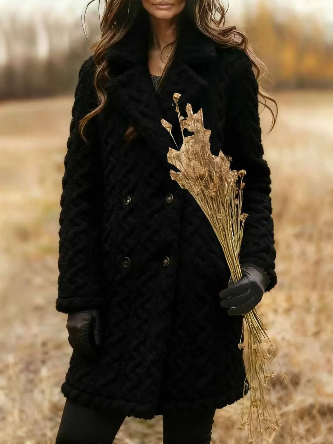 Women's Plain Winter Outerwear Casual Jacquard Mid-long Shawl Collar Overcoat