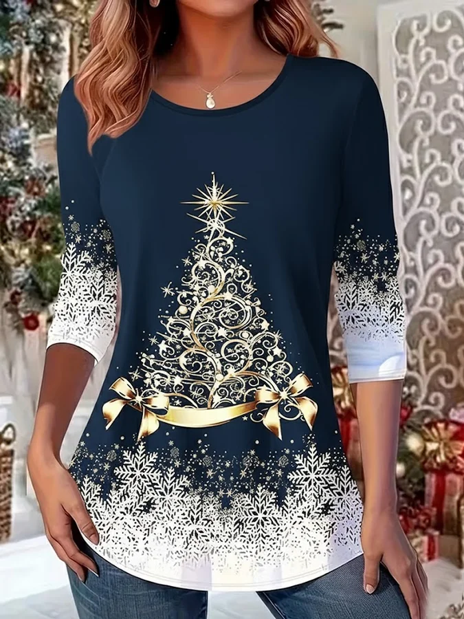 Women Christmas Long Sleeve Tee T-shirt Crew Neck Casual Spring/Fall Tunic Top