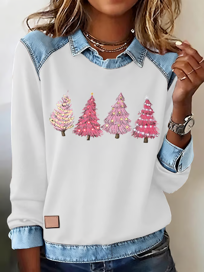 Women Christmas Shawl Collar Vintage Spring/Fall Long Sleeve Sweatshirt