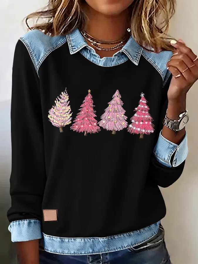 Women Christmas Shawl Collar Vintage Spring/Fall Long Sleeve Sweatshirt