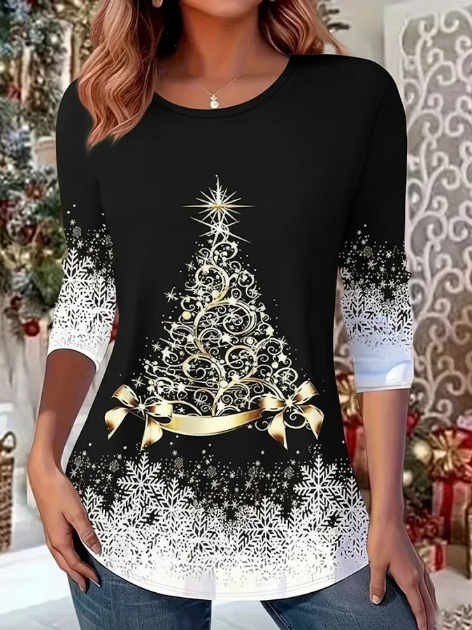 Women Christmas Long Sleeve Tee T-shirt Crew Neck Casual Spring/Fall Tunic Top