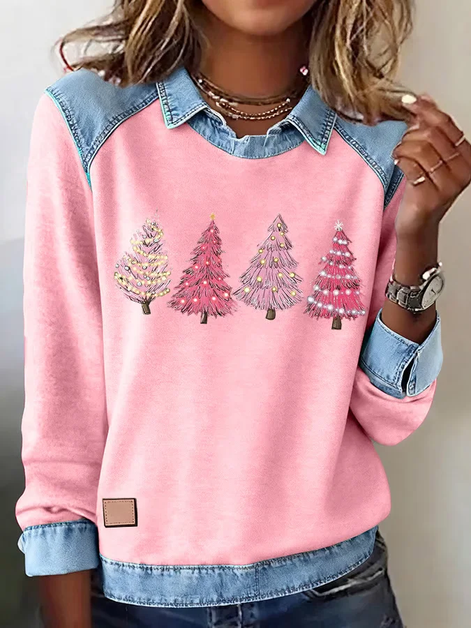 Women Christmas Shawl Collar Vintage Spring/Fall Long Sleeve Sweatshirt