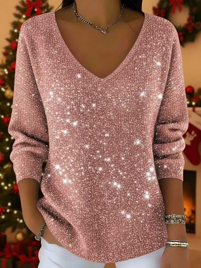 Women Christmas Long Sleeve Tee T-shirt V Neck Printing Casual Spring/Fall Top
