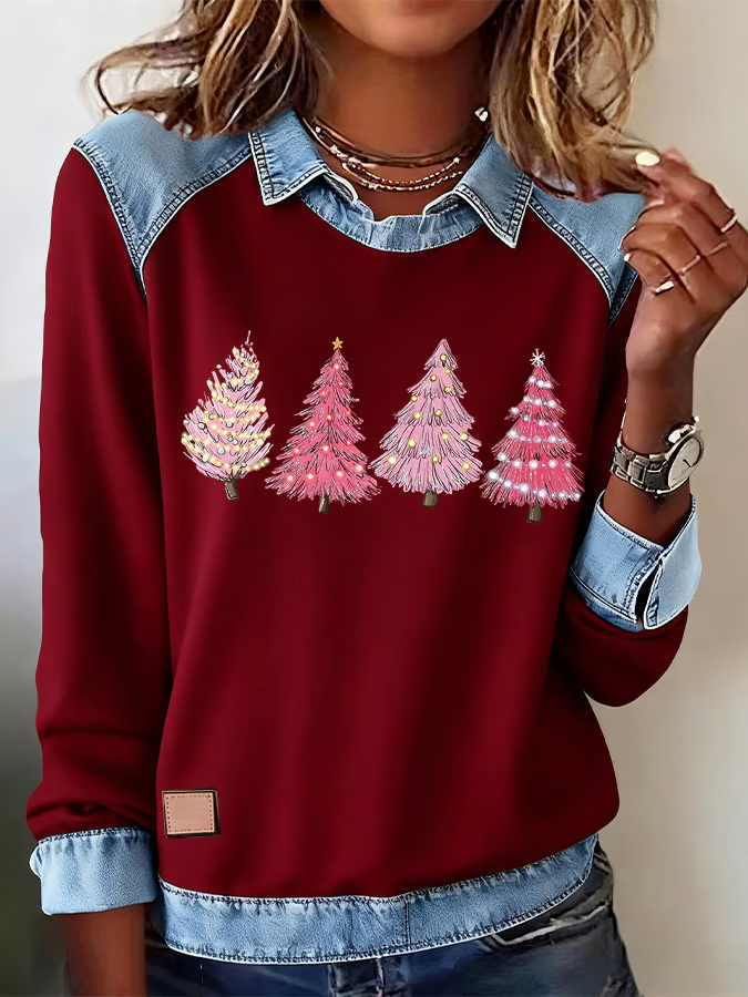 Women Christmas Shawl Collar Vintage Spring/Fall Long Sleeve Sweatshirt