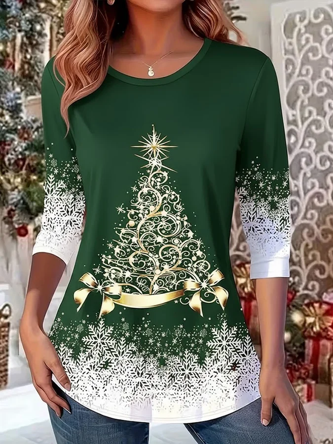 Women Christmas Long Sleeve Tee T-shirt Crew Neck Casual Spring/Fall Tunic Top