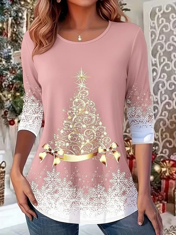 Women Christmas Long Sleeve Tee T-shirt Crew Neck Casual Spring/Fall Tunic Top
