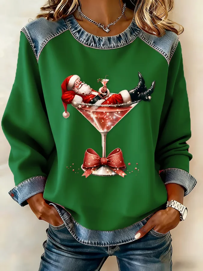 Women Santa Claus Crew Neck Printing Vintage Spring/Fall Long Sleeve Sweatshirt