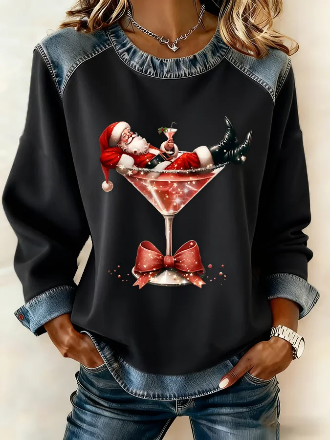 Women Santa Claus Crew Neck Printing Vintage Spring/Fall Long Sleeve Sweatshirt