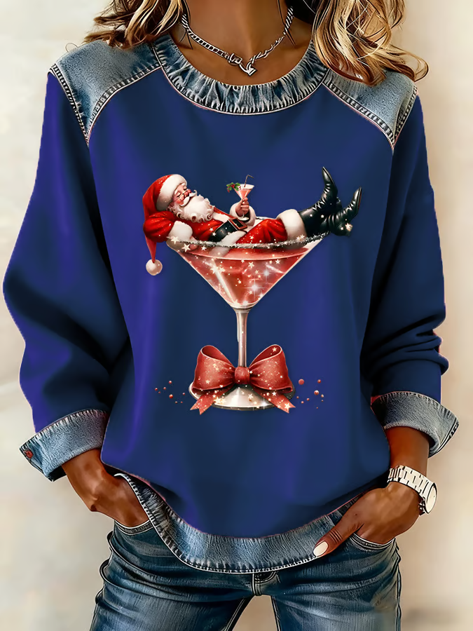 Women Santa Claus Crew Neck Printing Vintage Spring/Fall Long Sleeve Sweatshirt