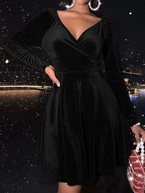 Women Plain Long Sleeve Spring/Fall Split Joint Dress V Neck Daily Casual Midi Party Dress A-Line Dress