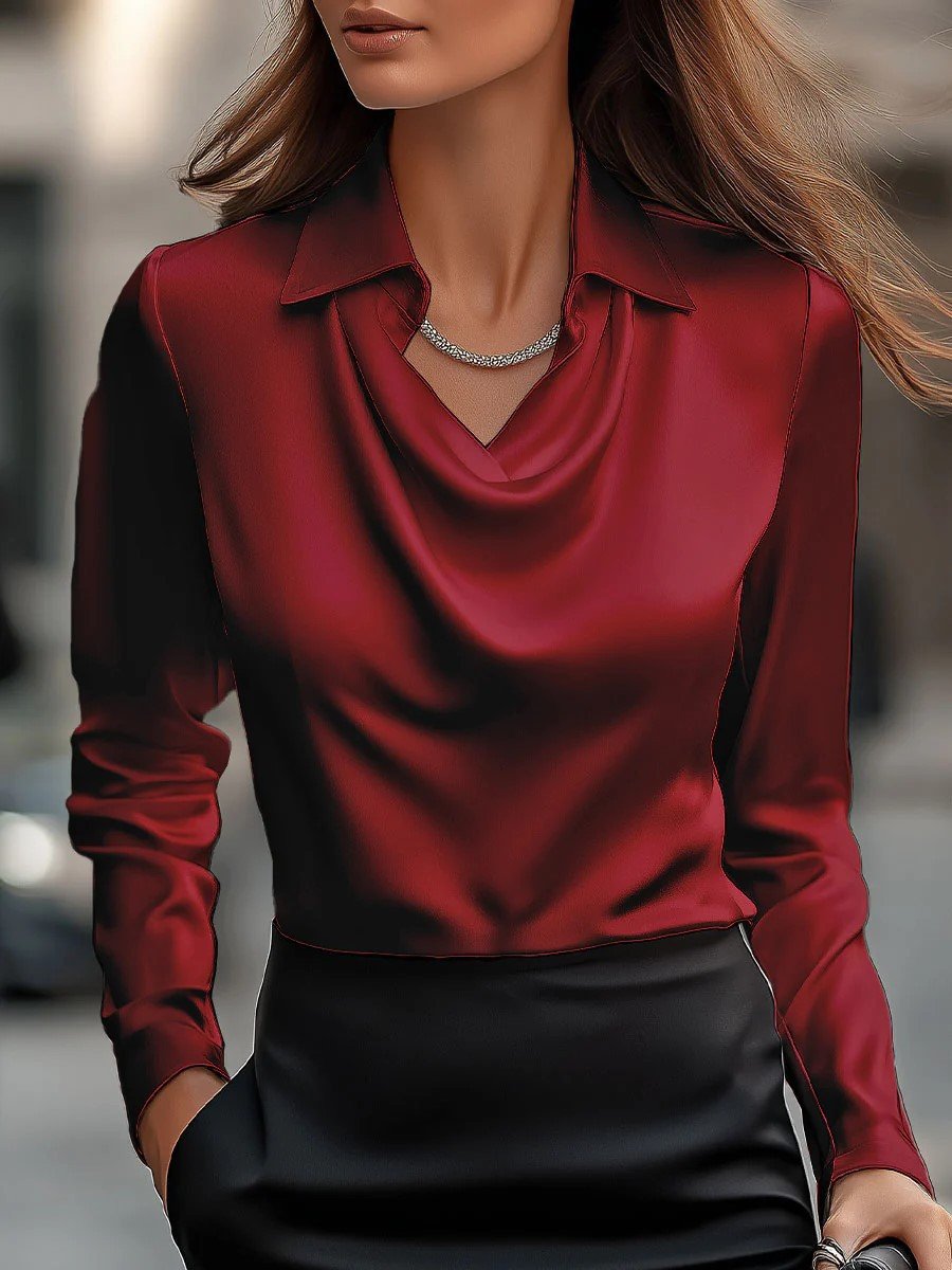 Women Plain Long Sleeve Shirt Spring/Fall Cowl Neck Daily Elegant Top
