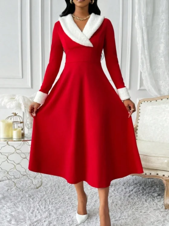 Women Plain Long Sleeve Spring/Fall Split Joint Dress V Neck Holiday Casual Maxi Tank A-Line Dress