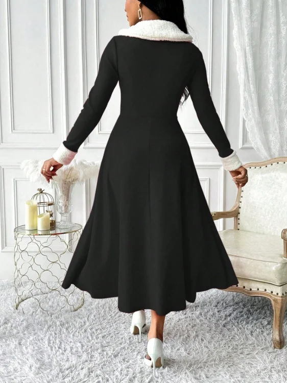 Women Plain Long Sleeve Spring/Fall Split Joint Dress V Neck Holiday Casual Maxi Tank A-Line Dress