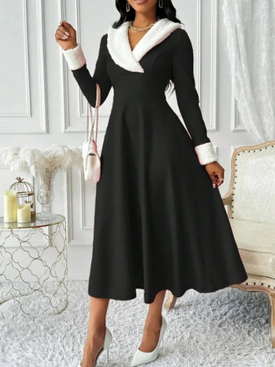 Women Plain Long Sleeve Spring/Fall Split Joint Dress V Neck Holiday Casual Maxi Tank A-Line Dress