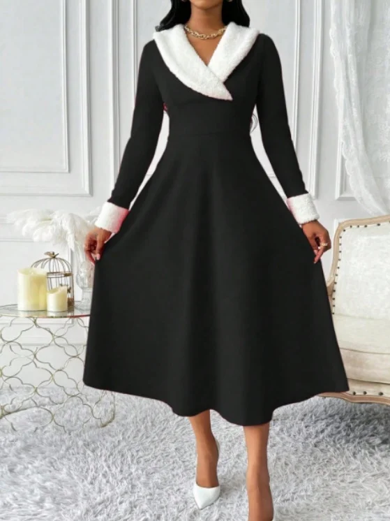 Women Plain Long Sleeve Spring/Fall Split Joint Dress V Neck Holiday Casual Maxi Tank A-Line Dress