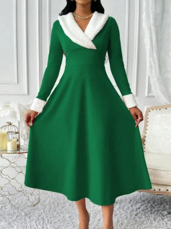 Women Plain Long Sleeve Spring/Fall Split Joint Dress V Neck Holiday Casual Maxi Tank A-Line Dress
