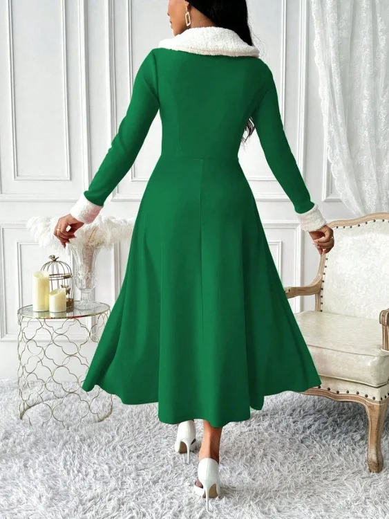 Women Plain Long Sleeve Spring/Fall Split Joint Dress V Neck Holiday Casual Maxi Tank A-Line Dress