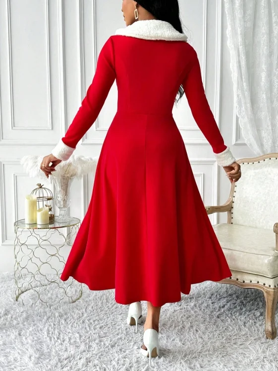 Women Plain Long Sleeve Spring/Fall Split Joint Dress V Neck Holiday Casual Maxi Tank A-Line Dress