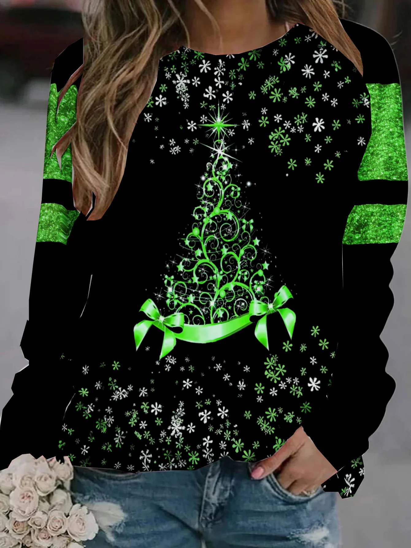 Women Color Block Crew Neck Printing Casual Spring/Fall Long Sleeve Sweatshirt