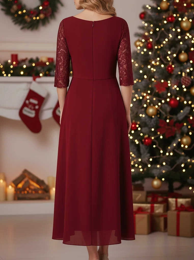 Women Plain Half Sleeve Summer Lace Dress Crew Neck Holiday Elegant Midi Swing X-Line Dress