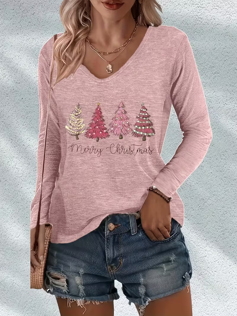 Women Christmas Long Sleeve Tee T-shirt V Neck Printing Casual Spring/Fall Graphic Tee Top
