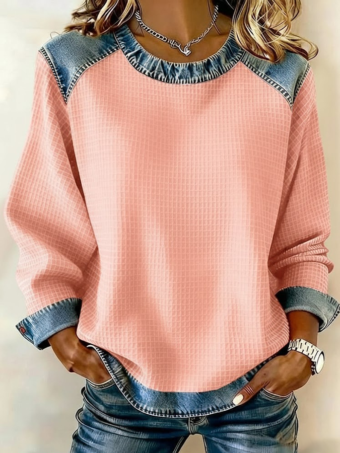 Women Plain Crew Neck Vintage Spring/Fall Long Sleeve Sweatshirt