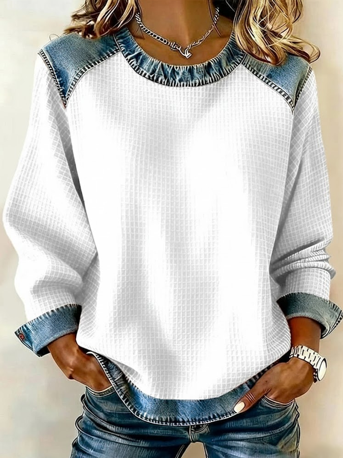 Women Plain Crew Neck Vintage Spring/Fall Long Sleeve Sweatshirt
