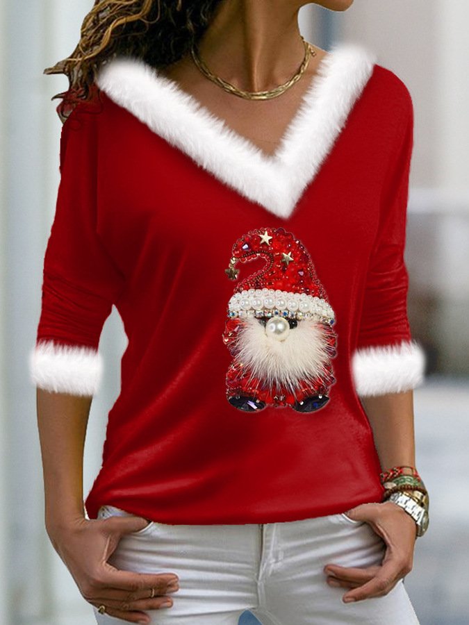 Women Geometric Long Sleeve Tee T-shirt V Neck Printing Casual Spring/Fall Top