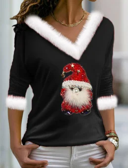 Women Geometric Long Sleeve Tee T-shirt V Neck Printing Casual Spring/Fall Top