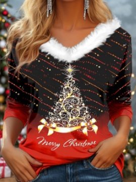 Women Geometric Long Sleeve Tee T-shirt V Neck Printing Casual Spring/Fall Top