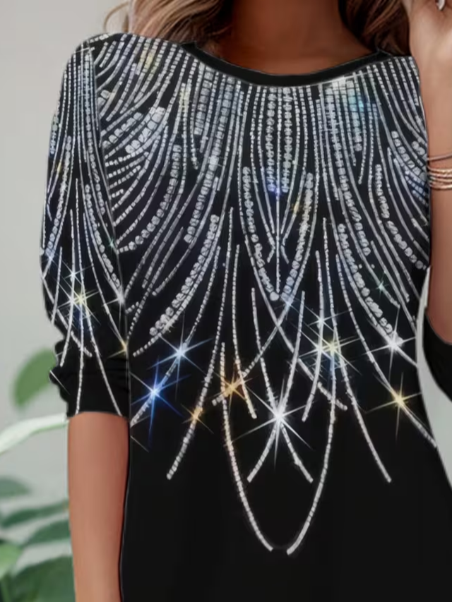 Women Abstract Long Sleeve Tee T-shirt Crew Neck Casual Spring/Fall Tunic Top