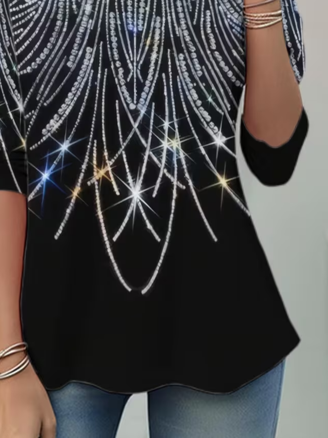 Women Abstract Long Sleeve Tee T-shirt Crew Neck Casual Spring/Fall Tunic Top