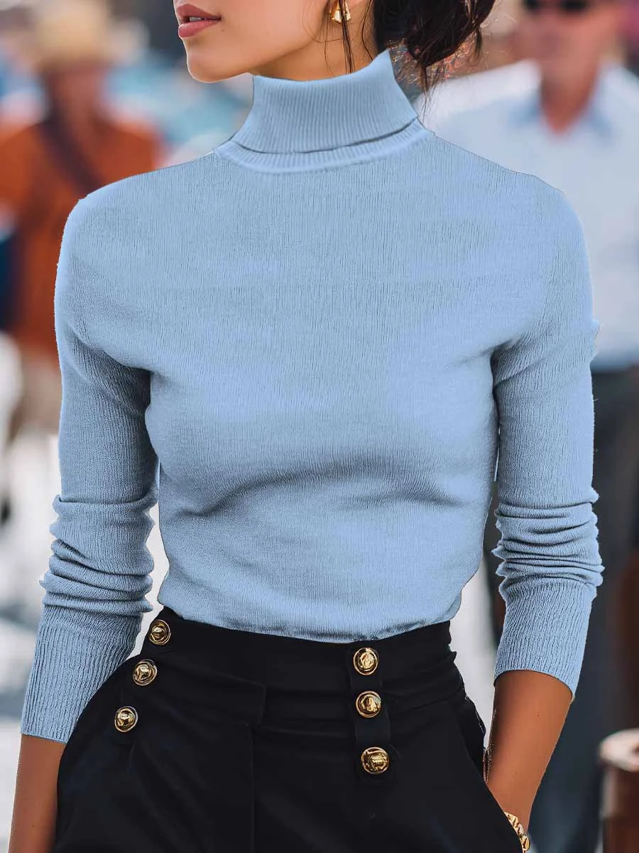 Women Plain Split Joint Spring/Fall Street Long Sleeve Turtleneck Sweater