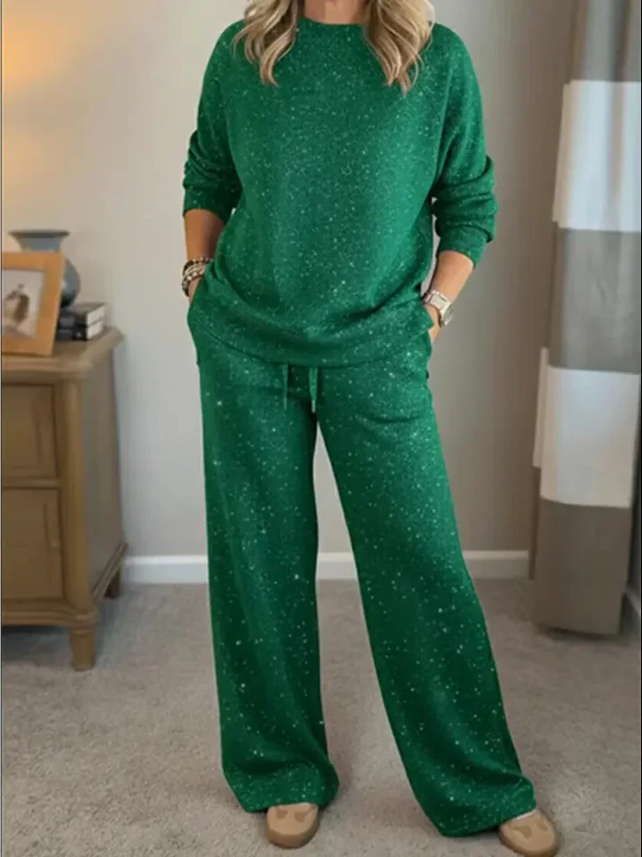 Women Plain Glitter Two-Piece Set Daily Long Sleeve Casual Spring/Fall Top With Pants Matching Set